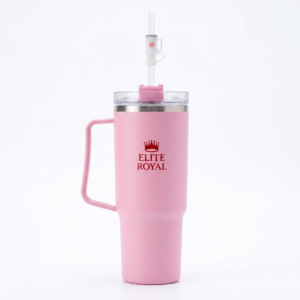 Pink Elite Royal 40oz stainless steel insulated tumbler with ergonomic handle, transparent spill-resistant lid, reusable straw, and vacuum insulation for keeping drinks hot or cold for hours.