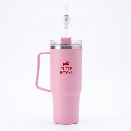 Pink Elite Royal 40oz stainless steel insulated tumbler with ergonomic handle, transparent spill-resistant lid, reusable straw, and vacuum insulation for keeping drinks hot or cold for hours.