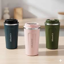 Blue, pink, and green stainless steel insulated coffee tumblers with leakproof lids.