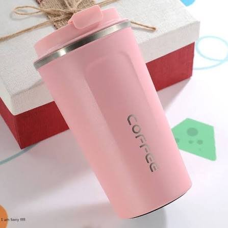 Pink stainless steel insulated coffee travel mug with leakproof lid and double-wall vacuum insulation.