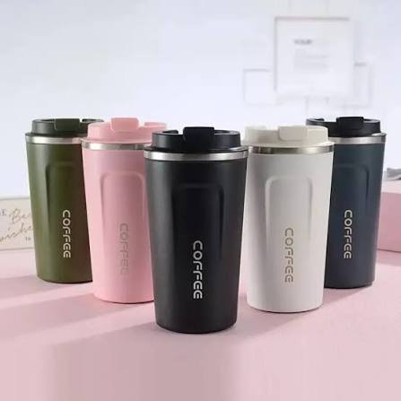Black, white, blue, green, and pink stainless steel insulated coffee travel mugs displayed together.
