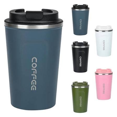 Blue stainless steel vacuum insulated coffee travel mug with leakproof flip lid available in multiple color options.