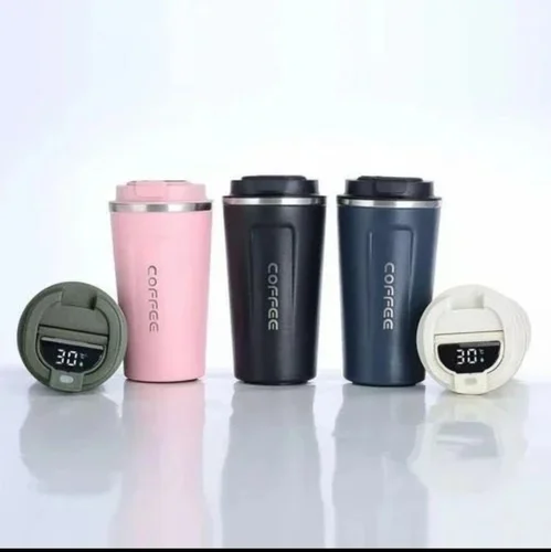 Stainless steel vacuum insulated coffee travel mugs in pink, black, blue, and white with smart LED temperature display lids.