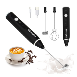 Portable USB rechargeable electric milk frother with dual whisk heads, charging cable, coffee cup, and retail packaging.