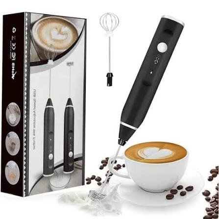 USB rechargeable handheld electric milk frother with stainless steel whisk for making creamy coffee foam, latte, cappuccino, hot chocolate, and matcha.