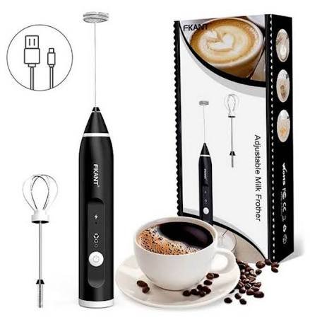 USB rechargeable electric milk frother with stainless steel spring whisk and balloon whisk attachments for coffee, latte, cappuccino, and matcha.