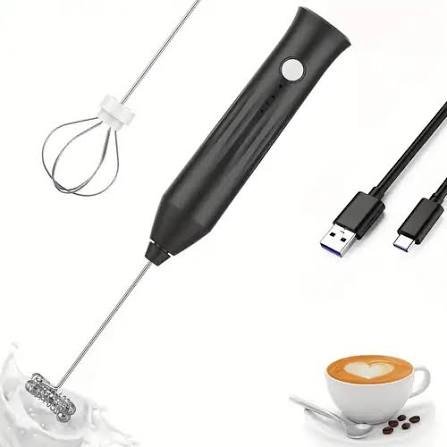 Rechargeable electric milk frother retail box with handheld frother and stainless steel whisk attachment.