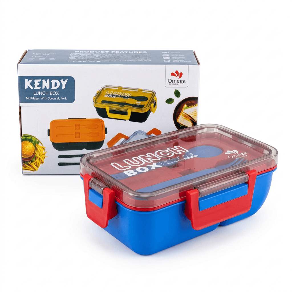 Kendy multilevel lunch box with airtight lid, compartments, spoon and fork, shown with original packaging on a white background.
