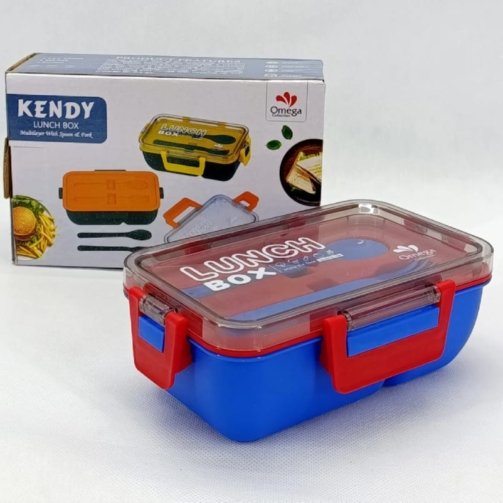 Kendy multilayer lunch box with secure locking lid, spoon and fork, reusable food storage container for school, office, travel and daily meals.