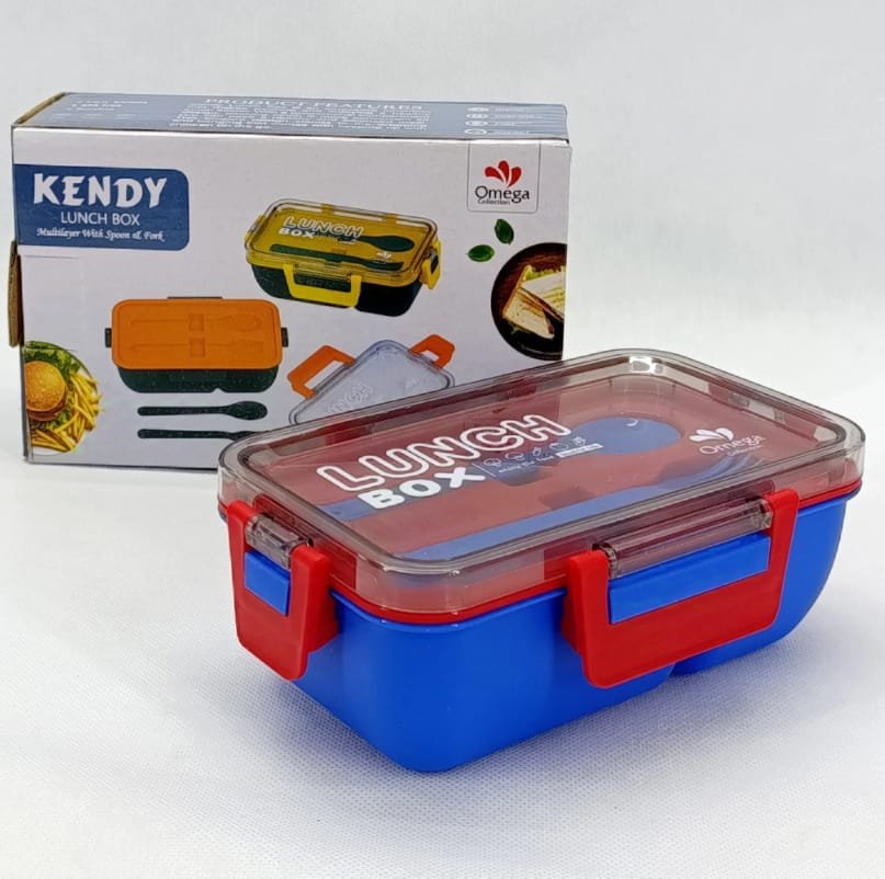 Kendy multilayer lunch box with secure locking lid, spoon and fork, reusable food storage container for school, office, travel and daily meals.