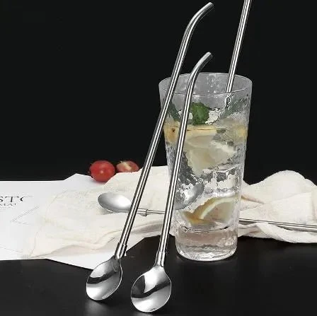 Stainless steel spoon straw in juice cup with Good Morning print