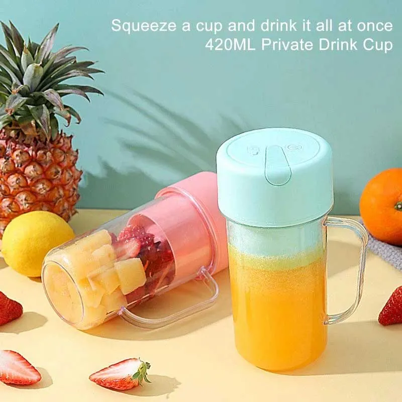 Portable juicer cups 420ml pink and mint with tropical fruits