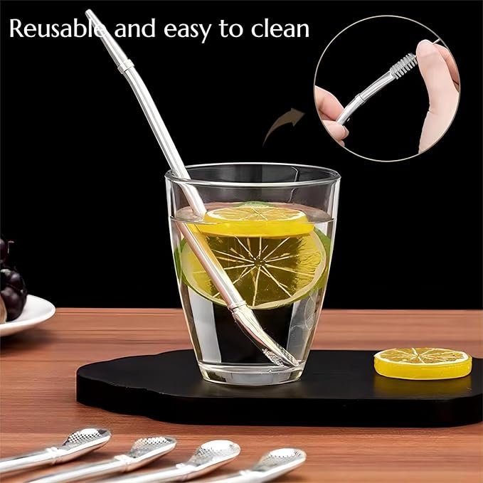6-piece stainless steel bent spoon straws on wooden cutting board