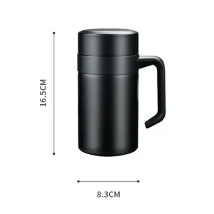 Black stainless steel thermal mug with handle and lid