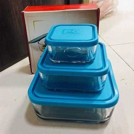 Glass food storage containers square blue lids with packaging box