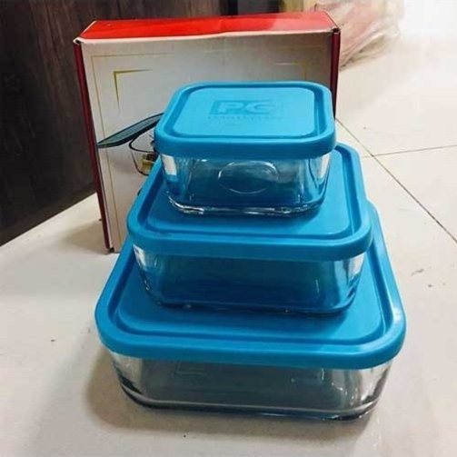 Glass food storage containers square blue lids with packaging box