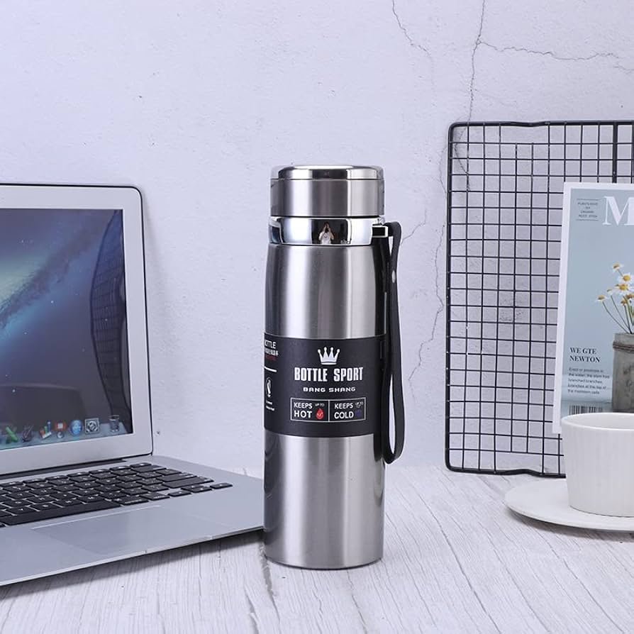 1000ml stainless steel thermal water bottle in silver with carrying strap