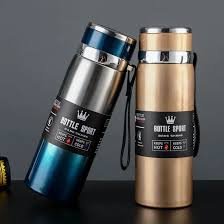Blue and gold stainless steel insulated water bottles with carrying straps