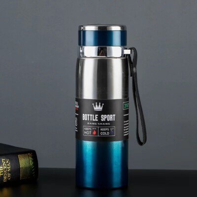 1000ml blue stainless steel sports water bottle with carrying strap