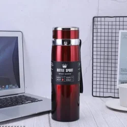 Red 1000ml stainless steel insulated water bottle with strap